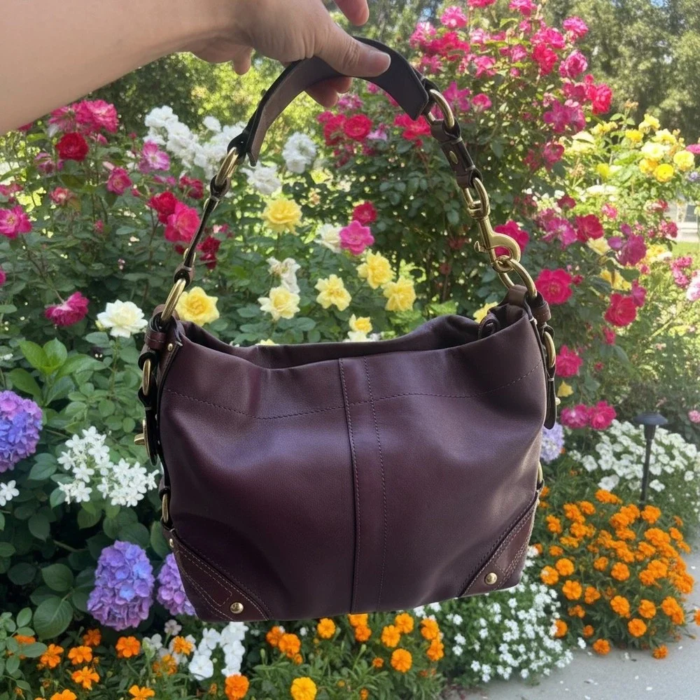 Vintage Coach Carly Hobo Shoulder Bag Plum Purple Leather Brass Y2K